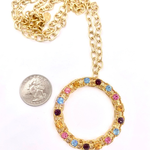 CAT DEELEY MODERN VINTAGE NECKLACE GOLD TONE RHINESTONE CIRCLE PENDANT - Picture 7 of 9